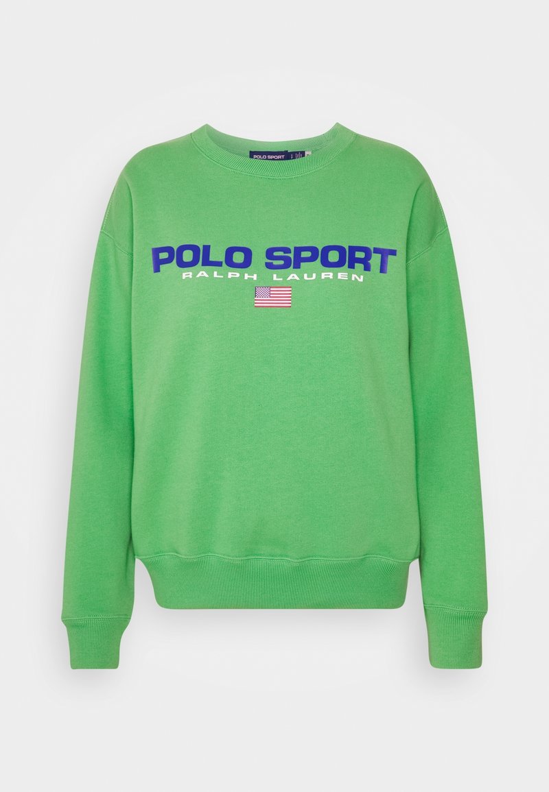 Sweat-shirt vert en coton, avec un grand logo "POLO SPORT" en bleu, accompagné de "RALPH LAUREN" et d'un petit drapeau américain en dessous.