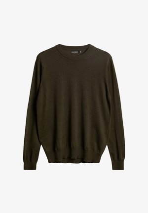 Olivegrüner Pullover aus weichem Strickmaterial. Hat einen Rundhalsausschnitt, lange Ärmel, rippled Abschlüsse und ein kleines Logo auf der Brust.