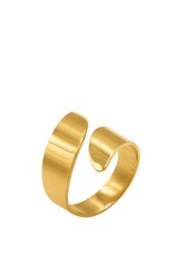 Goldfarbener Metallring mit einem glatten, geschwungenen Design. Besitzt eine offene Form mit abgerundeten Kanten und einem glänzenden Finish.