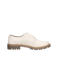 Weiße Leder-Schnürschuhe mit einer abgerundeten Spitze, kontrastierender beige Sohle und profiliertem Gummi-Laufsohle für besseren Halt. Einfaches Oberdesign mit minimalen Nähten.