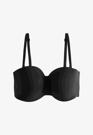 Czarny biustonosz bez ramiączek z odpinanymi cienkimi regulowanymi ramiączkami i formowanymi miseczkami, zaprojektowany dla wsparcia i gładkiego dopasowania.