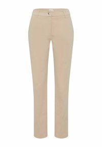 Beige slim-fit bukser lavet af bomuldsblanding, med en glat tekstur, lynlås og sidelommer for funktionalitet.