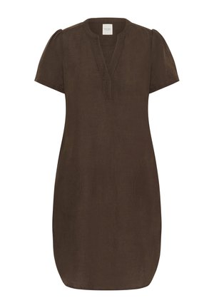 Hnědé lněné šaty s krátkými nabíranými rukávy, výstřihem do V a bočními kapsami. Hladká textura a volný, uvolněný střih.