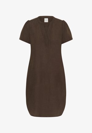Hnědé lněné šaty s krátkými nabíranými rukávy, výstřihem do V a bočními kapsami. Hladká textura a volný, uvolněný střih.