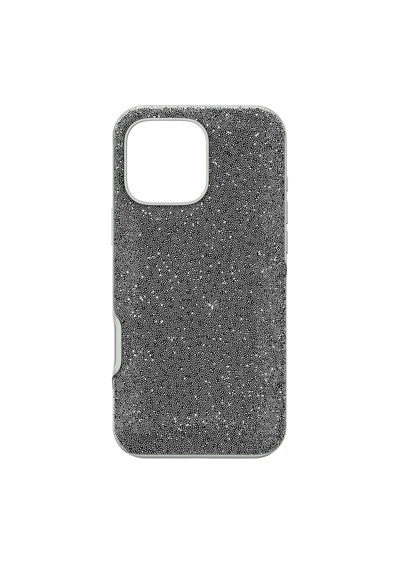 Svart telefonfodral med en texturerad, prickig yta, med ett rektangulärt kamerahål och sidoknappar för enkel åtkomst.