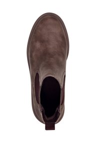 Bottine en cuir marron à enfiler avec des panneaux latéraux élastiques et une languette de tirage, vue de dessus sur un fond blanc.