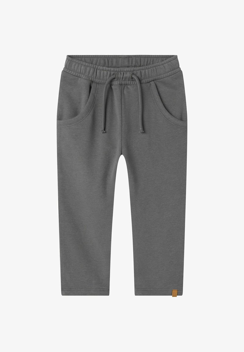 Sive bombažne trenirke z elastičnim pasom, regulacijsko vrvico in stranskimi žepi. Preprost dizajn z majhno oznako na robu.