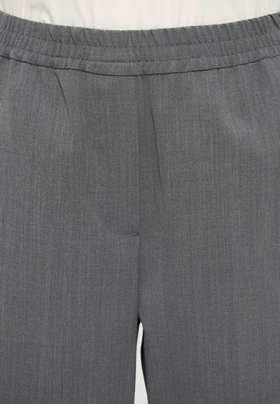 Gray trousers with a textured fabric, featuring an elastic waistband and side pockets, displaying a smooth, polished finish.