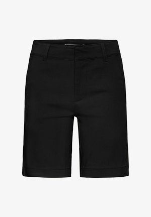 Zwarte shorts van gladde stof met een rechte voorkant, riemlussen en een gezoomde onderkant. Heeft een enkele voorkantzak en geen zichtbare branding.