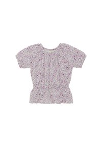 Bloemenprint top met korte mouwen, geplooide neklijn en taille-naad. Licht materiaal in pastelkleuren met kleine paarse en roze bloemen.