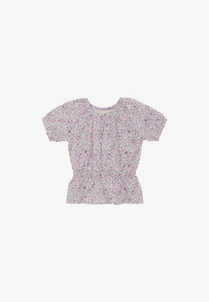 Bluzka w kwiatowy wzór z krótkimi rękawami, marszczonym dekoltem i szwem w talii. Lekki materiał w pastelowych kolorach z małymi fioletowymi i różowymi kwiatkami.