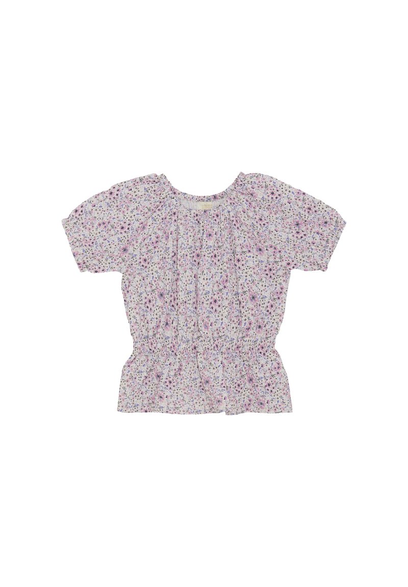 Bloemenprint top met korte mouwen, geplooide neklijn en taille-naad. Licht materiaal in pastelkleuren met kleine paarse en roze bloemen.