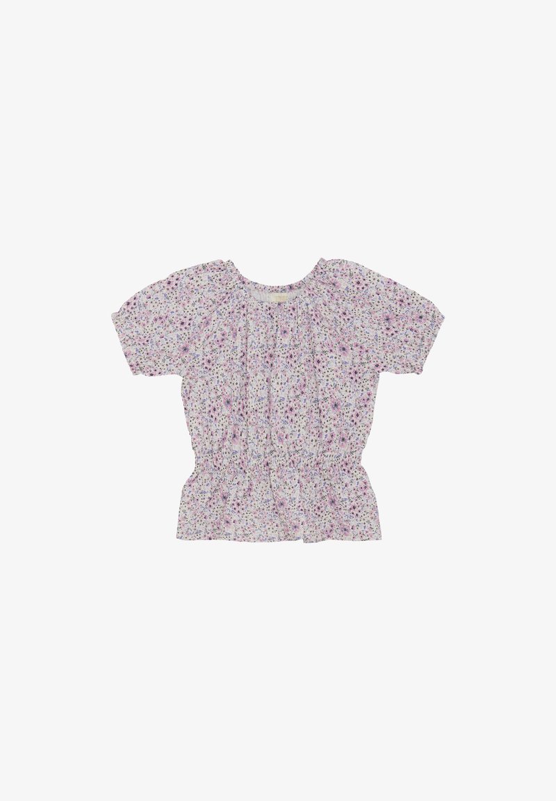 Bluse mit Blumenmuster, kurzen Ärmeln, gerafftem Ausschnitt und Taillennaht. Leichter Stoff in Pastellfarben mit kleinen lila und rosa Blumen.