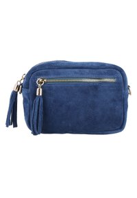 Blå mocka crossbody-väska med en dragkedjeförsedd framficka, guldfärgad hårdvara och två fransdetaljer på dragkedjan. Rektangulär form.