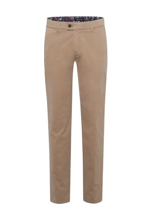 Beige Baumwoll-Chinos mit geradem Schnitt, ausgestattet mit einem Knopfverschluss und einem gemusterten Innenbund. Glatte Textur, minimale Details.