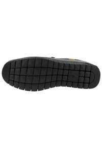 Black rubber shoe sole with a textured pattern of raised squares and rectangles, featuring a circular imprint and a size indication of 42.