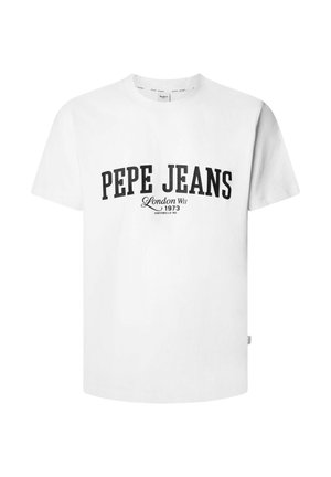 Bijela pamučna majica s crnim zakrivljenim logom "PEPE JEANS" s natpisom "London W1 1973" ispod u serifnom fontu. Klasičan okrugli izrez, kratki rukavi.