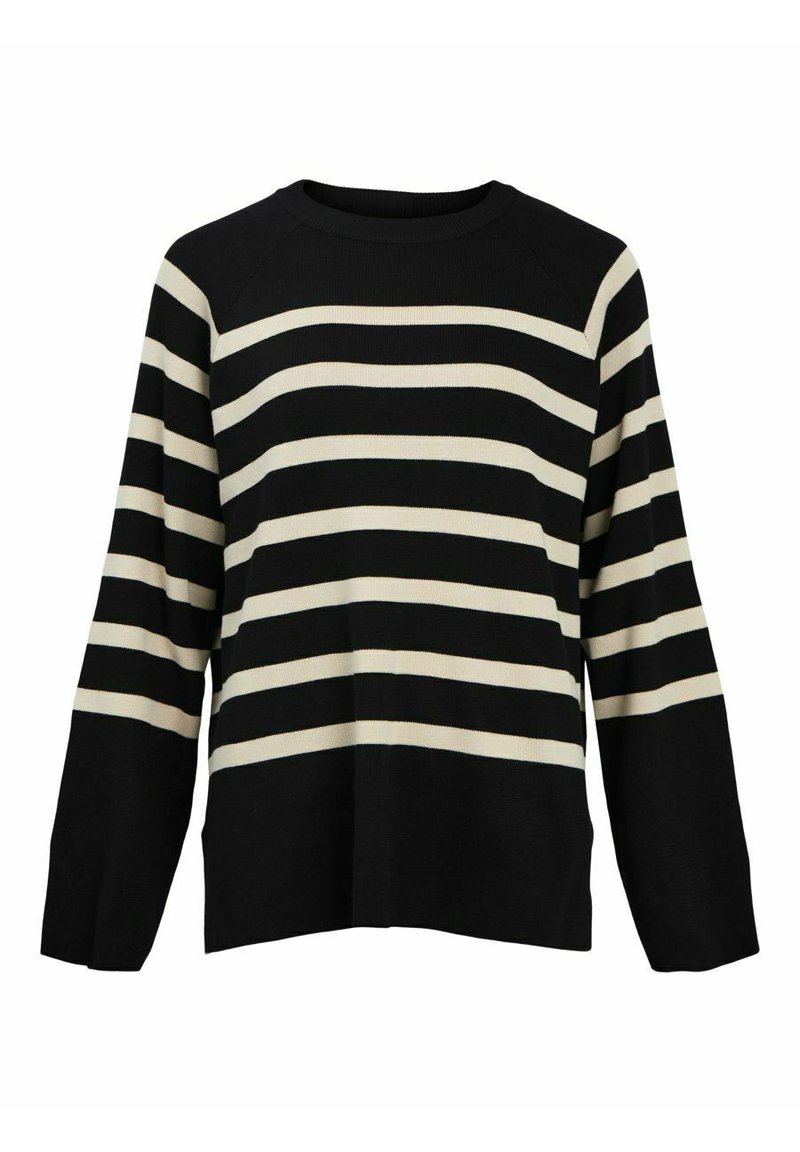 Pull noir avec des rayures horizontales beiges, doté d'un col rond et de manches longues, fabriqué dans un matériau en tricot côtelé doux.