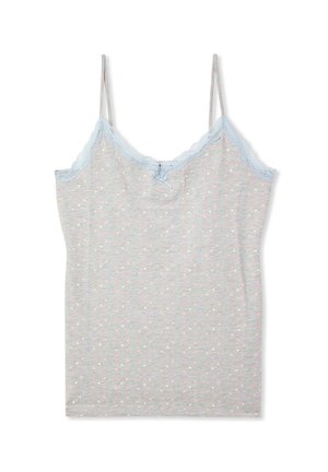 Top in canotta grigio con bordi in pizzo azzurro chiaro, spalline regolabili e pois multicolori. Materiale in cotone morbido, vestibilità comoda.