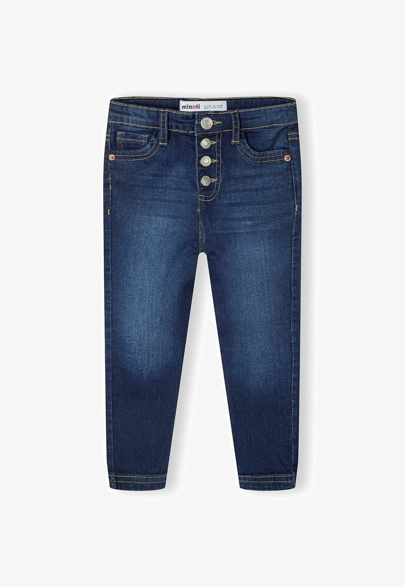 Tamno plave traperice s pet dugmadi sprijeda, koje imaju prednje džepove, kontrastnu šav, i uski kroj. Nema vidljivih oštećenja.