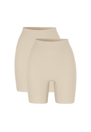 Zwei Paar beige nahtlose High-Waist-Shaping-Shorts, eines leicht hinter dem anderen, entworfen zur Körperkonturierung.