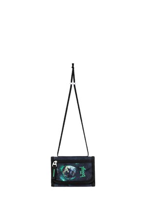 Black fabric wallet with green graphic of a warrior and text "boogy," hanging by an adjustable black cord with white slider.
