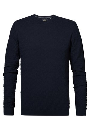 Navy blue long-sleeve sweatshirt with a textured pattern. Features a round neckline and ribbed cuffs, made from soft fabric.