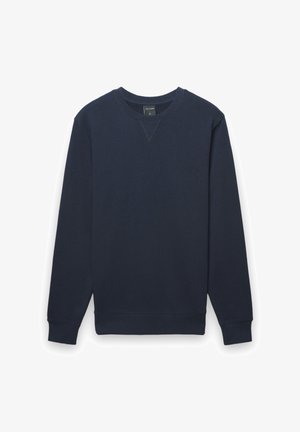 Felpa blu navy con maniche lunghe, scollo rotondo e polsini a coste. Realizzata in tessuto morbido, con dettaglio a punto a V sul collo.