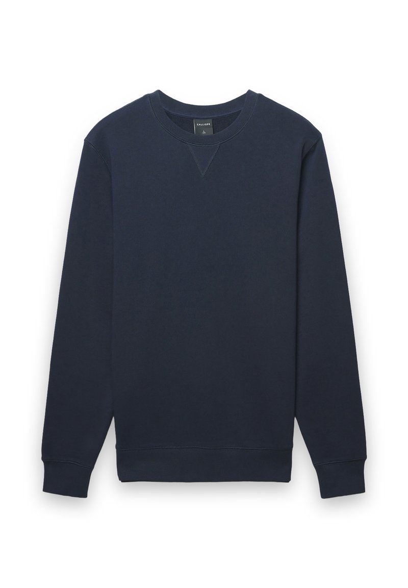 Felpa blu navy con maniche lunghe, scollo rotondo e polsini a coste. Realizzata in tessuto morbido, con dettaglio a punto a V sul collo.