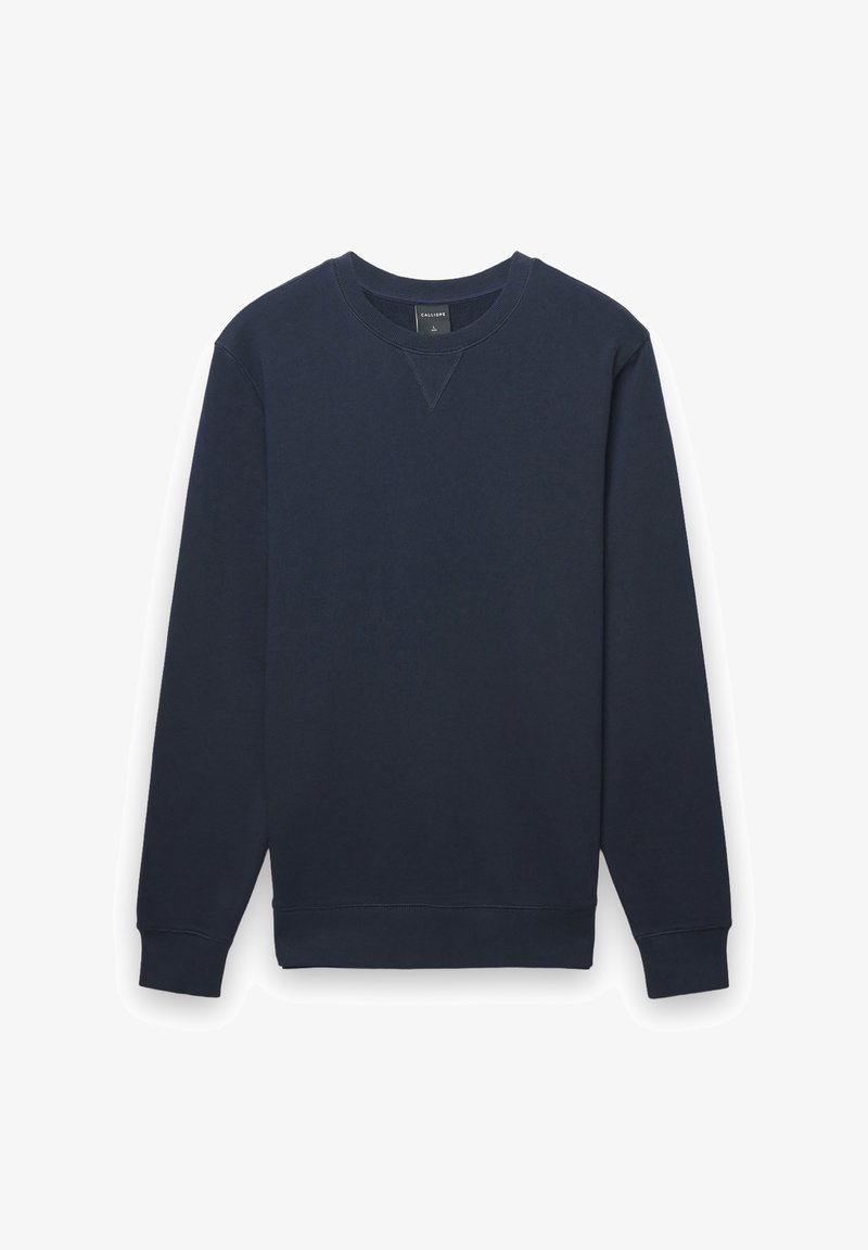 Felpa blu navy con maniche lunghe, scollo rotondo e polsini a coste. Realizzata in tessuto morbido, con dettaglio a punto a V sul collo.