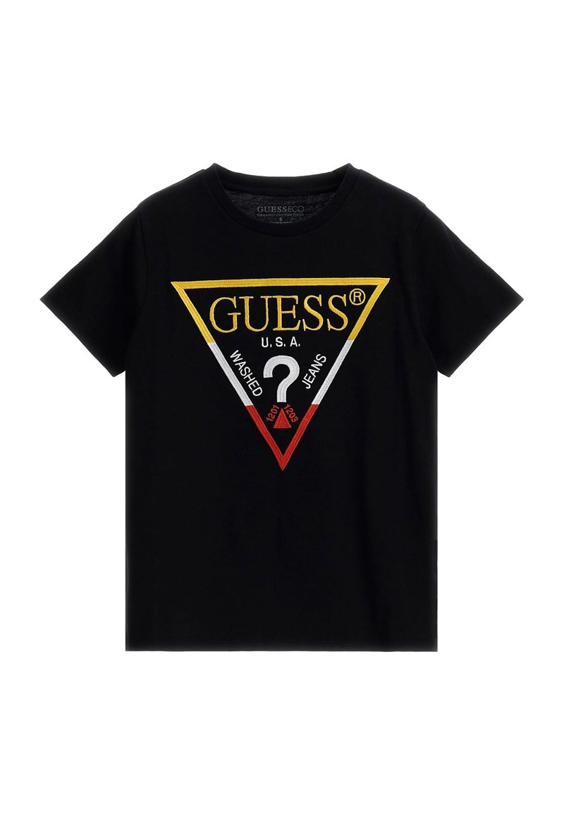 Svart bomull t-shirt med en stor, flerfärgad triangulär logotyp med texten "GUESS" och "WASHED JEANS" i broderi i gult, rött och vitt.