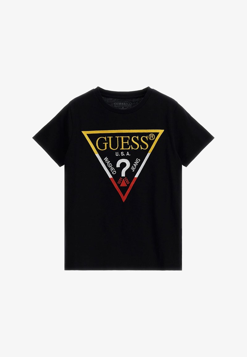 Zwarte katoenen t-shirt met een groot, multikleurig driehoekig logo met de tekst "GUESS" en "WASHED JEANS" in gele, rode en witte borduursels.