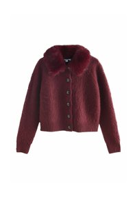 Bordeauxkleurige cardigan met een fuzzy textuur, een nepbont kraag, lange mouwen en zwarte knopen aan de voorkant. Geribbelde zoom en manchetten.
