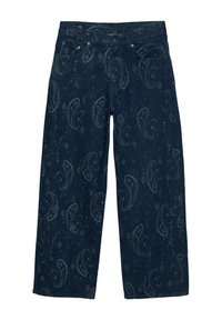 Ciemnoniebieskie dżinsy w wzór paisley, o szerokich nogawkach i przednich kieszeniach. Materiał ma delikatną teksturę i luźny krój.