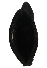 Black suede ankle boot with a pointed toe, smooth inner lining, and minimalistic design. Features a folded top edge for added detail.