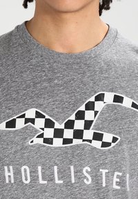 Šedé bavlněné tričko s velkým grafickým motivem racka ve černobílé kostičce a textem "HOLLISTER" v bílé barvě. Kulatý výstřih, měkká textura.