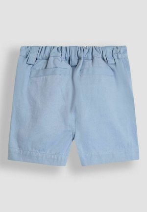 Pantalones cortos de algodón color azul claro con cintura elástica, que cuentan con dos bolsillos traseros y una textura suave. Dobles costuras en los dobladillos.