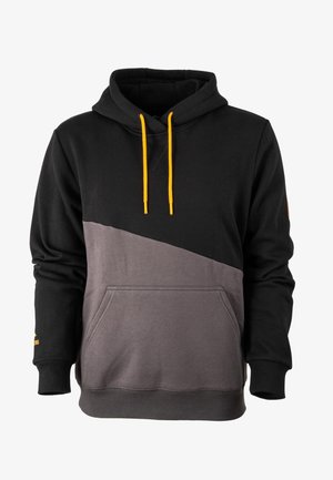 Felpa con cappuccio a blocchi di colore nero e grigio, dotata di tasca frontale, coulisse gialla e polsini a costine. Texture del tessuto morbida.