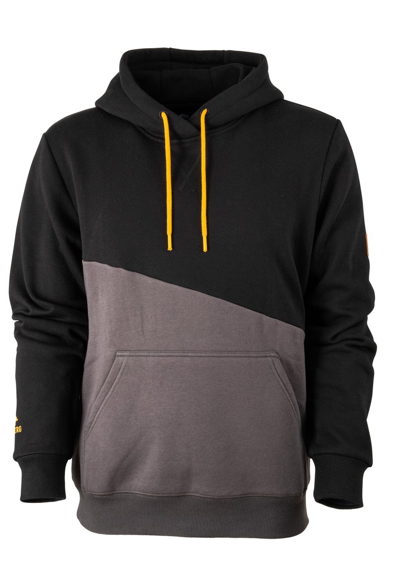 Kapuzenpullover mit schwarzen und grauen Farbkombinationen, ausgestattet mit einer Fronttasche, gelben Kordeln und gerippten Bündchen. Weiche Stoffstruktur.