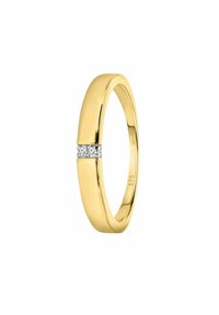 Goldring mit einem glatten, abgerundeten Design, das ein horizontales Band aus drei kleinen Edelsteinen in einer eleganten Linie zeigt. Mit "375" gestempelt.