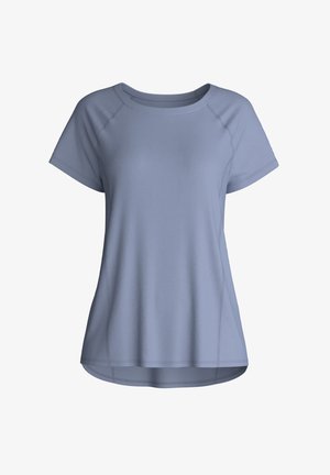 T-shirt de sport pour femme à manches courtes bleu clair avec col rond et ourlet courbé, présenté sur un fond blanc.