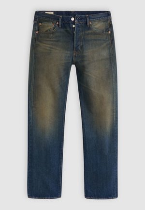 Donkerblauwe denim jeans met een vervaagde afwerking, voorzien van vijf zakken, een knoopsluiting en contrasterende stiksels. Recht gesneden pijpen.