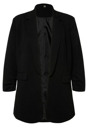 Blazer noir avec un col cranté, des manches longues et deux poches à l'avant. Doublure intérieure lisse avec une coupe décontractée.
