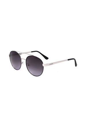 Occhiali da sole aviator con montatura metallica, lenti sfumate nere e punte delle aste nere, con il logo del marchio Guess sul lato.