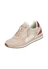 Zapatillas de deporte rosa claro con una combinación de ante y cuero, con un detalle de cremallera, media suela blanca y suela de goma marrón.