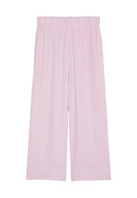 Pantaloni a gamba larga di un rosa chiaro con cintura elastica, realizzati in tessuto morbido. Presentano tasche laterali e una vestibilità comoda.