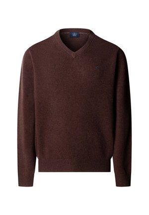 Jersey marrón de manga larga con cuello en V, puños y bajo acanalados, pequeño logo bordado en el pecho y etiqueta de la marca dentro del escote.