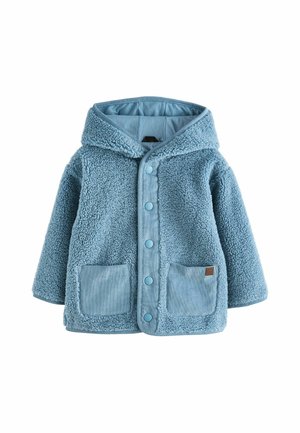 Giacca in pile azzurro chiaro con cappuccio per bambini, con bottoni a scatto e due tasche applicate frontali in tessuto di velluto a coste.