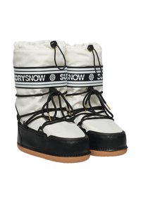 Bottes de neige blanches et noires avec une tige en tissu durable, une partie inférieure en cuir noir contrasté et des accents dorés sur les lacets. Semelle en caoutchouc.