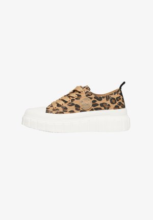 Low-top sneaker with tan and black leopard print fabric, beige laces, round logo patch, thick white textured sole, and black heel pull tab.
